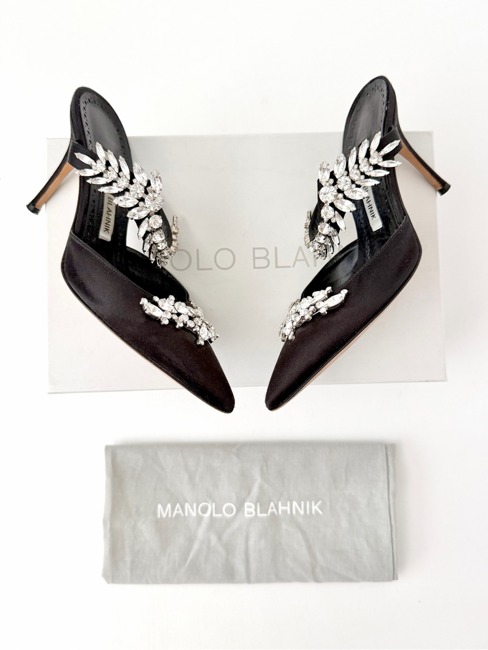 MANOLO BLAHNIK | Lurum Black Satin‎ Crystal Embellished Mule Heels EU 37